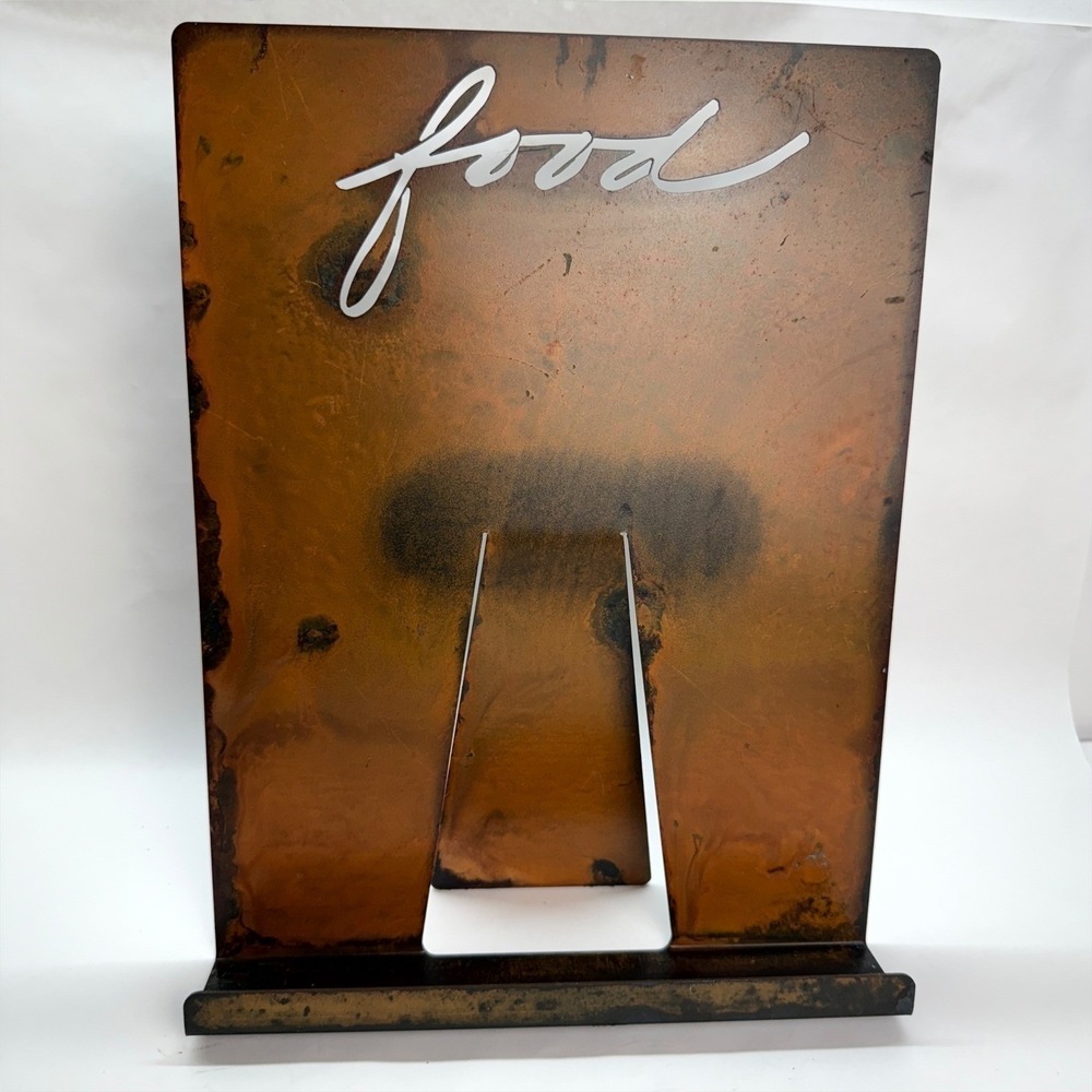 Industrial Metal Cookbook Stand Rust Patina Food Script Easel Kitchen Decor